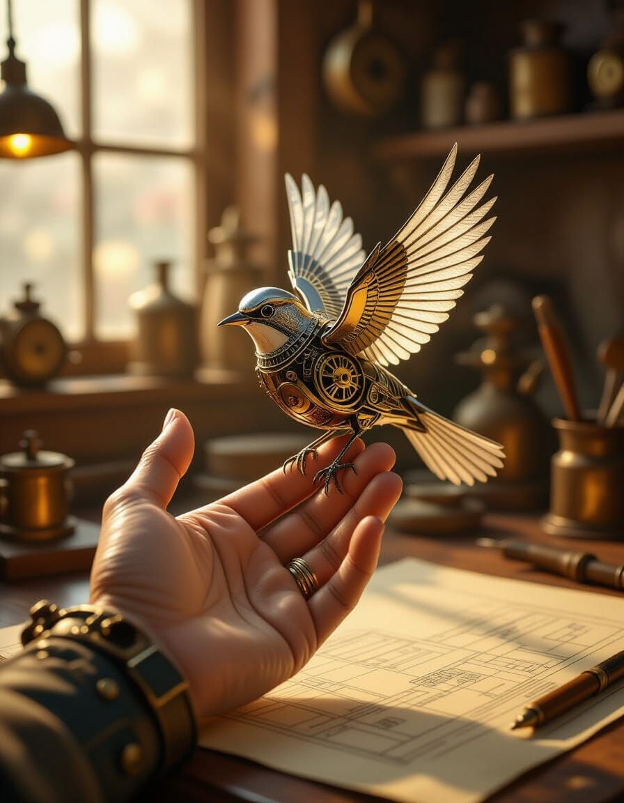Intricate Steampunk Mechanical Bird Held Gently