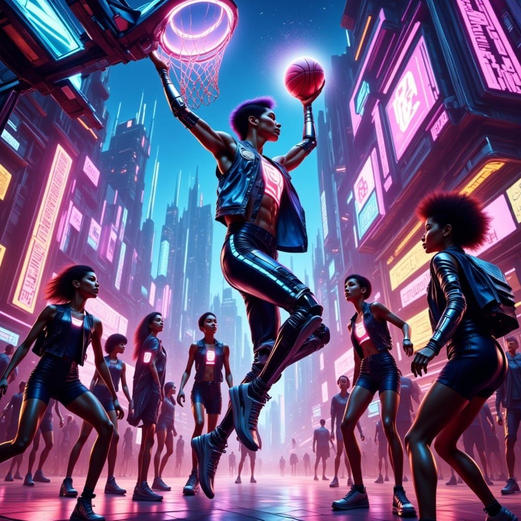 Futuristic Kids Play Basketball in Cyberpunk Cityscape