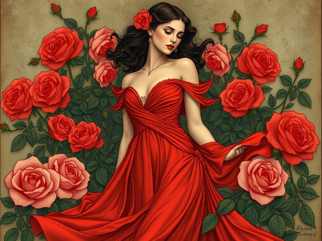 Woman in Red Dress with Roses, Art Nouveau Style