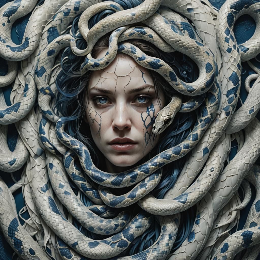 Hyperrealistic Snake with Porcelain Skin and Blue Ink