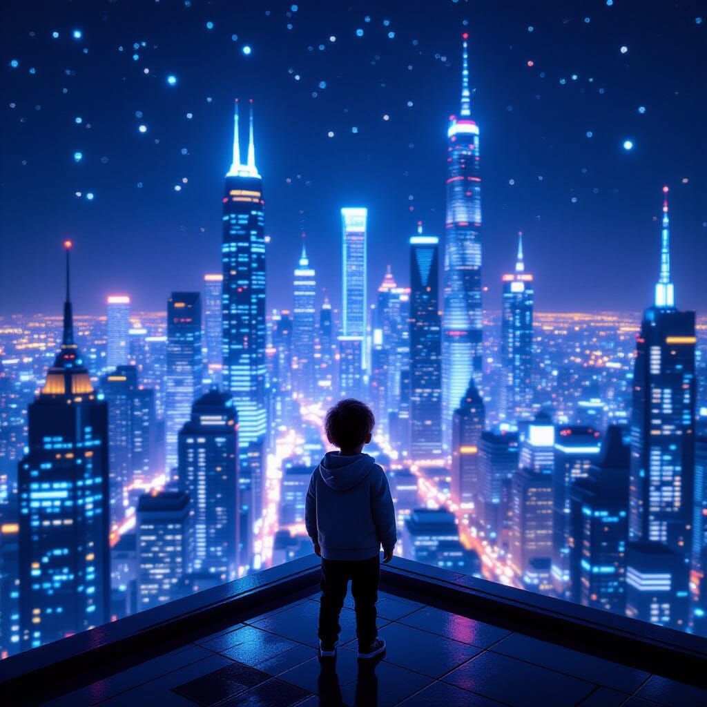 Child on Rooftop in Futuristic Cityscape at Night