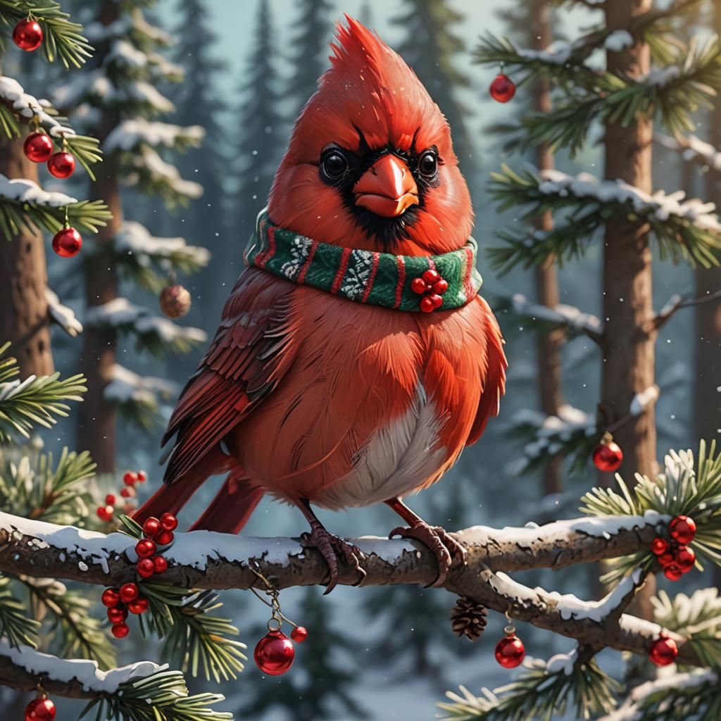 Festive Chibi Cardinal in Christmas Scarf