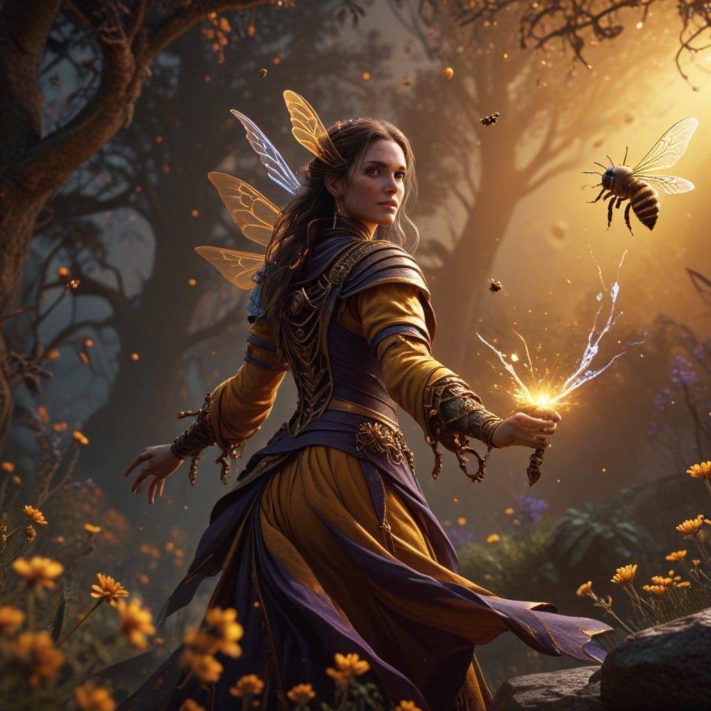 Bee Sorceress Casting Spell in Fantasy Art Style
