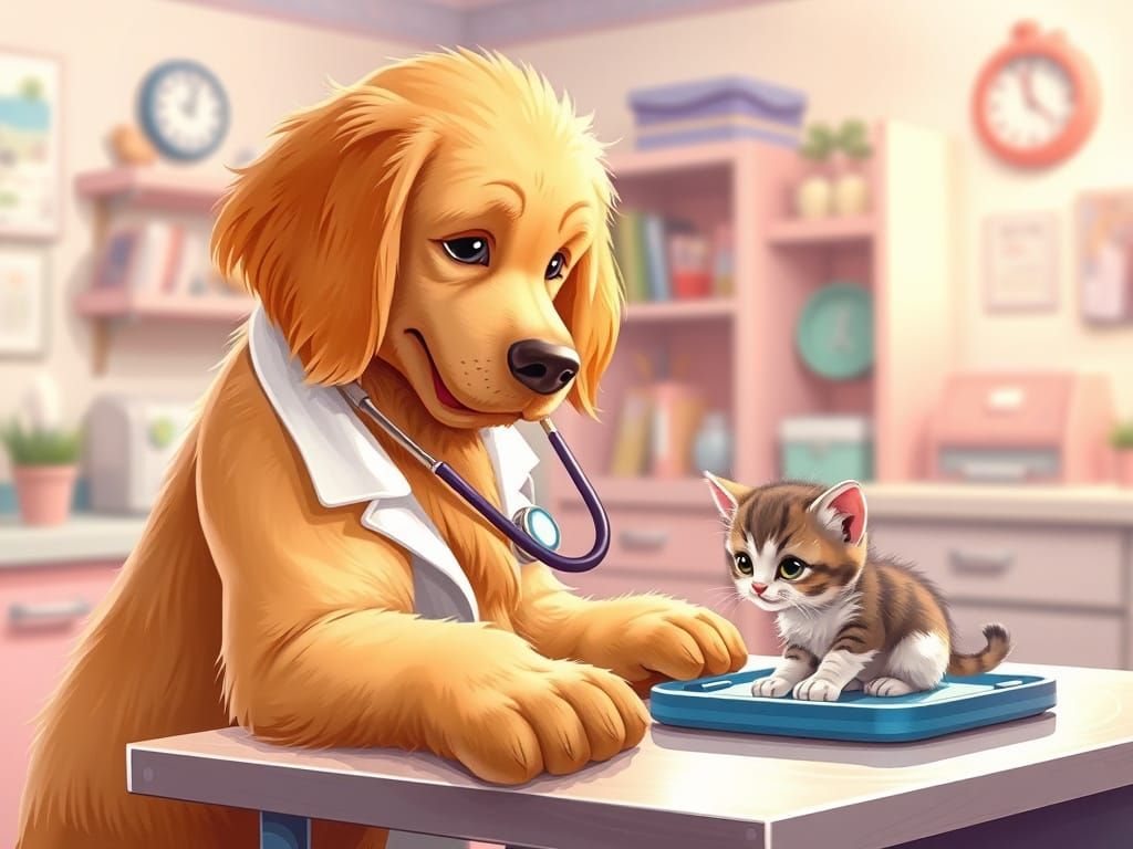Golden Retriever Doctor Examines Kitten, Cartoon Style
