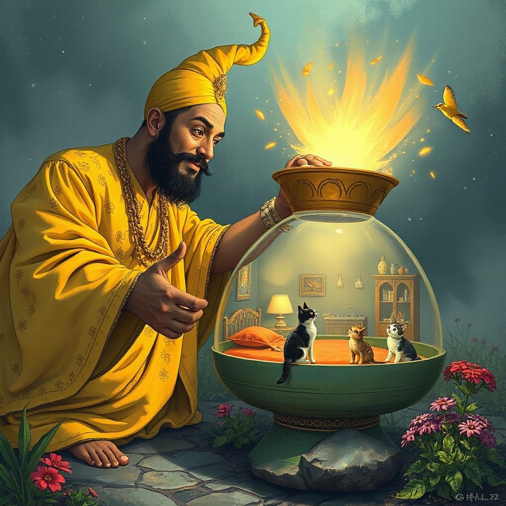 Giant Genie Holds Magical Lamp With Tiny World