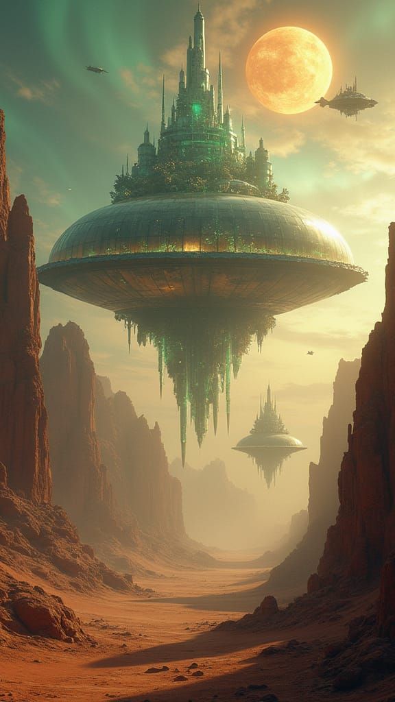 Floating Alien City with Bioluminescent Forests