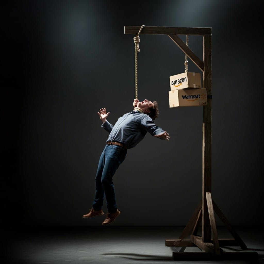 Hanging Man on Gallows Constructed of Amazon and Walmart Box...
