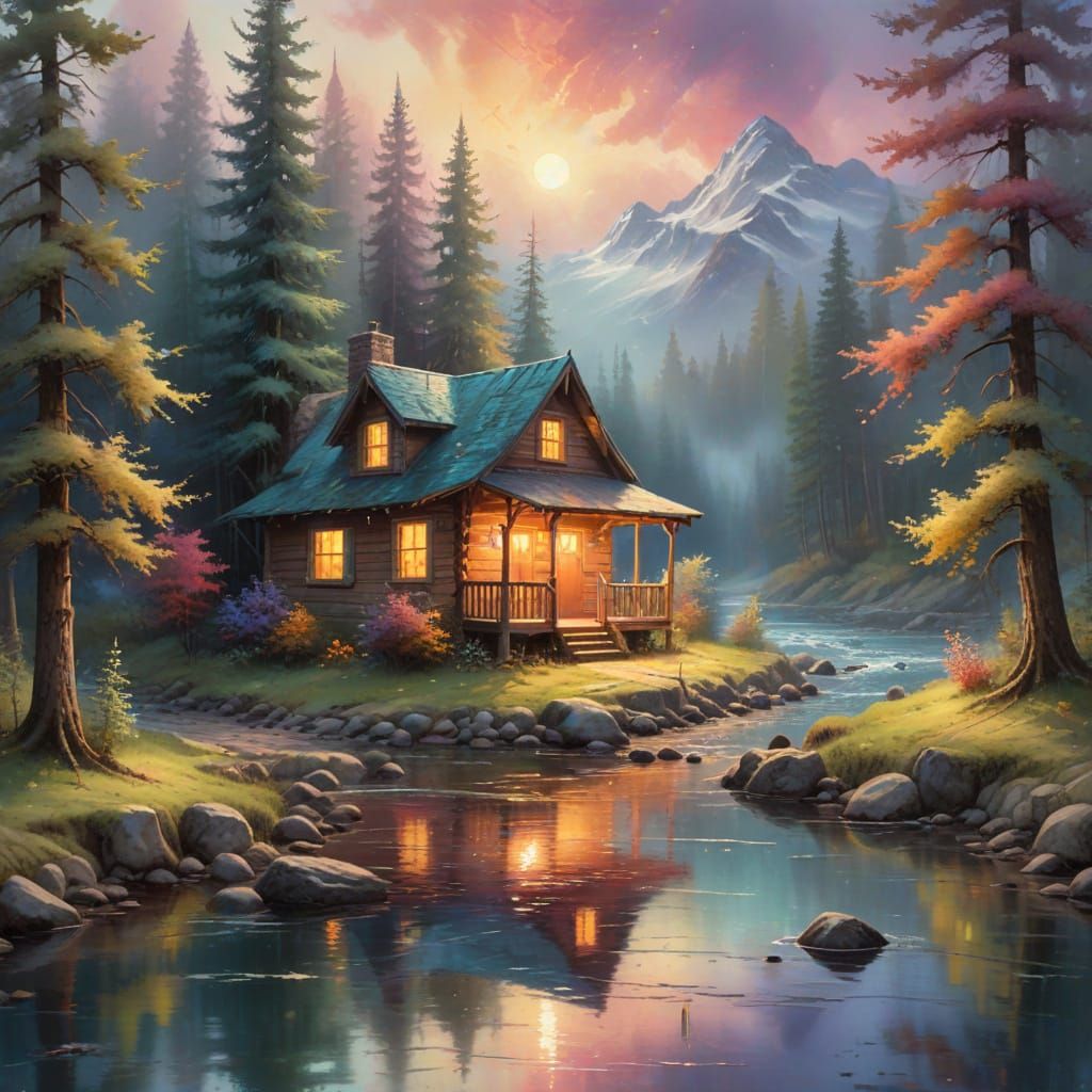 Whimsical Thomas Kinkade-Inspired Cabin Scene in Dreamy Oil ...