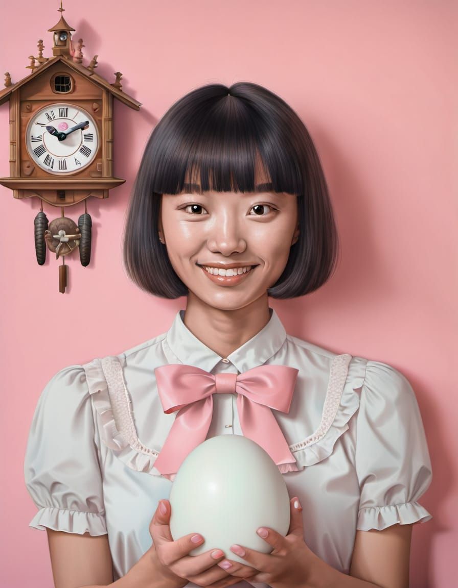 Surreal Portrait of Woman Holding Giant Egg