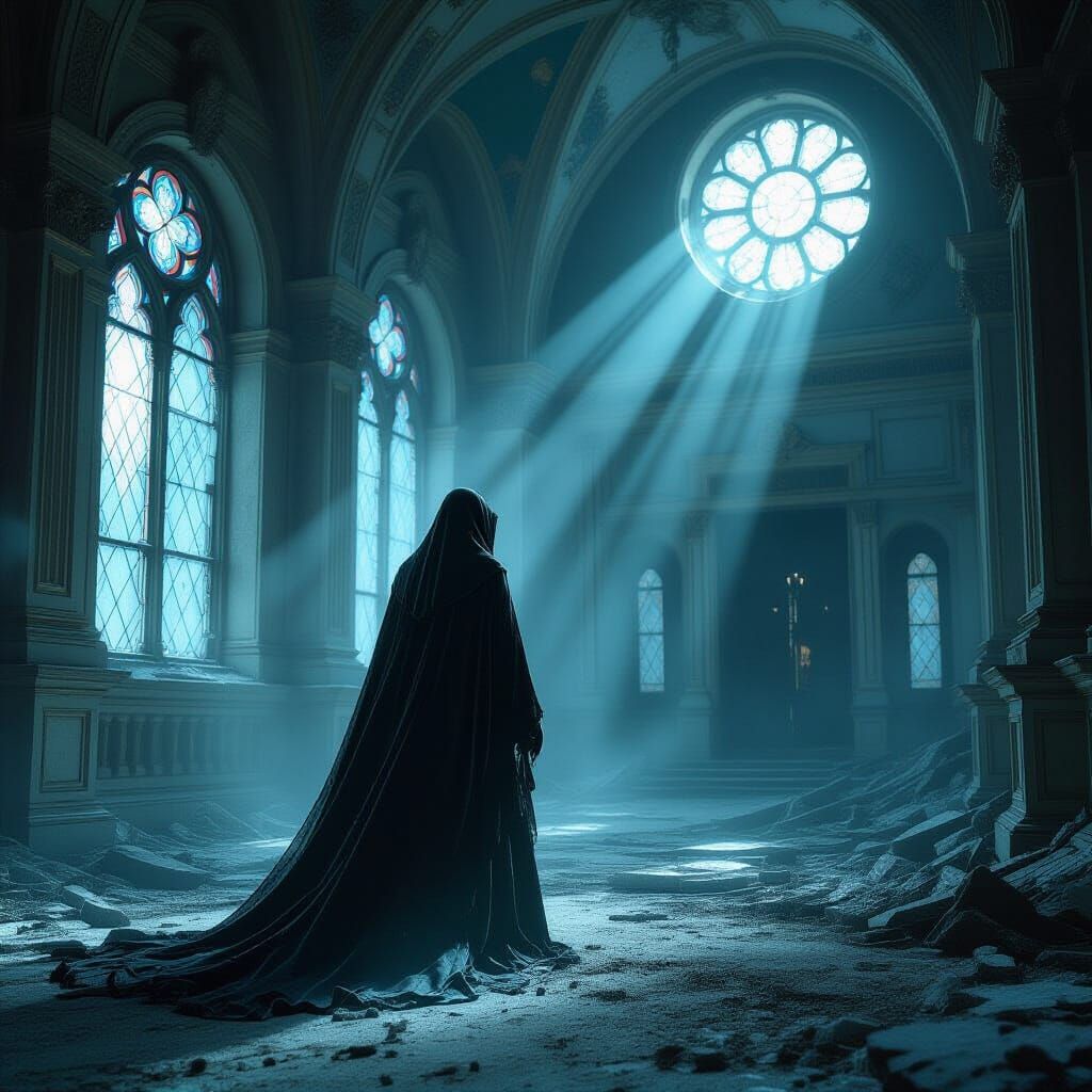 Spectral Figure in Ruined Ballroom Digital Matte Painting