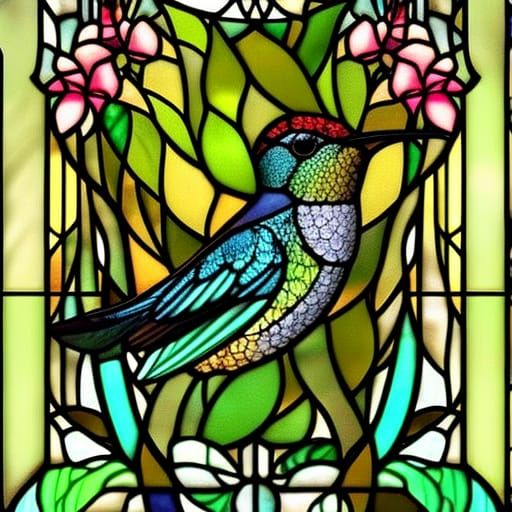 Gothic Art Nouveau Hummingbird in Stained Glass Style