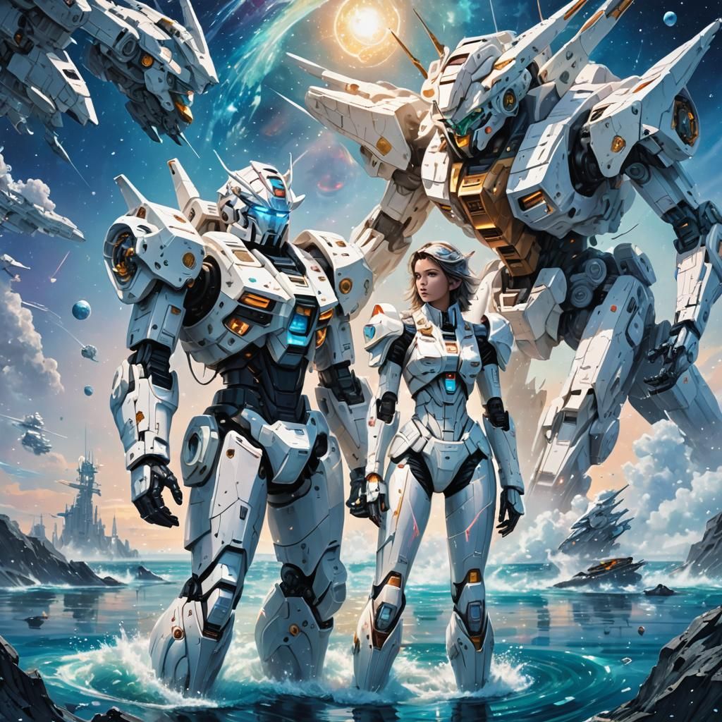 Futuristic Couple with Gundam Robots in Cosmic Landscape