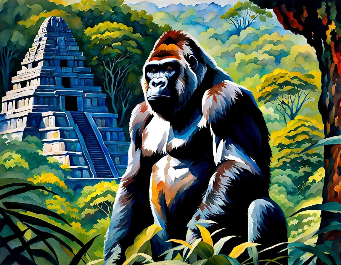 Gorilla King's Mayan Temple: An Expressionist Painting