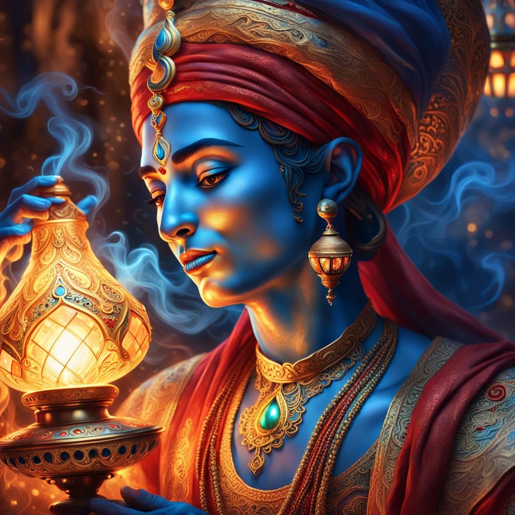Genie Emerges from Lamp in Mythic Fantasy Art
