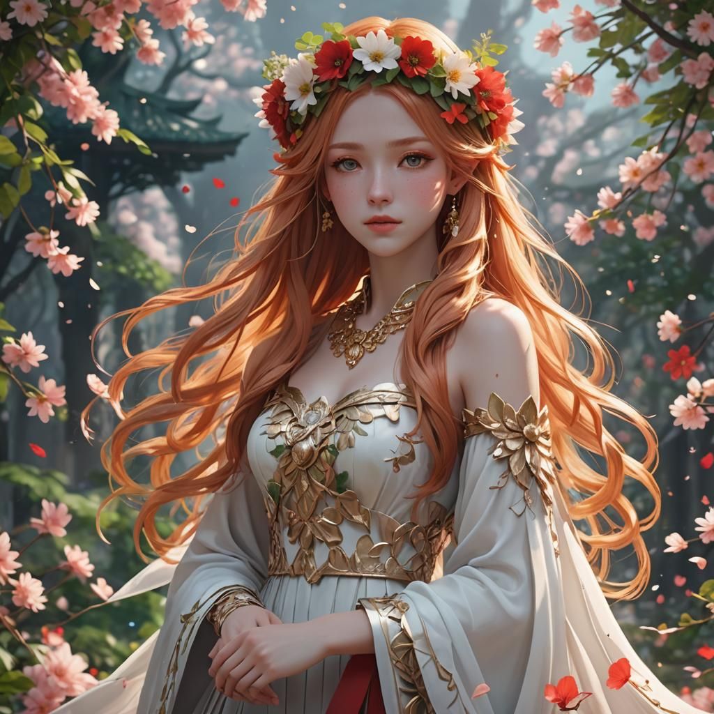 Ethereal Goddess in Floral Gown: 3D Anime Art