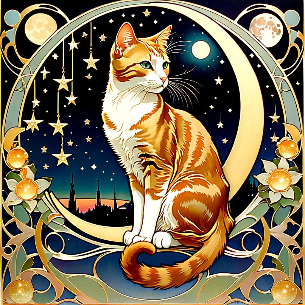 Art Nouveau Cat on the Moon Illustration