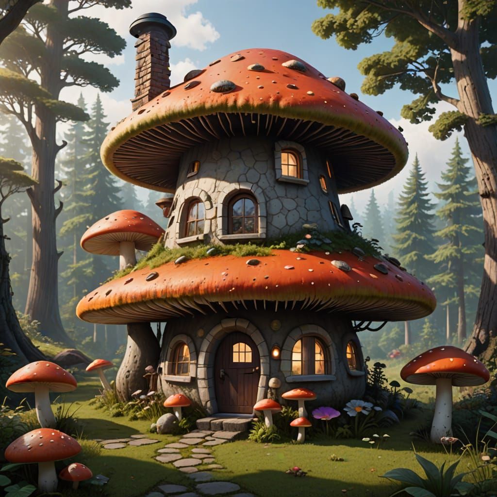 Surreal Fungi Abode with Spore-filled Chimney