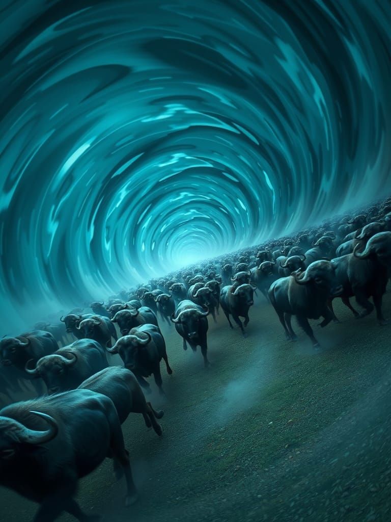 Hypnotic Buffalo Herd Stampede in Anime-Psychedelic Style