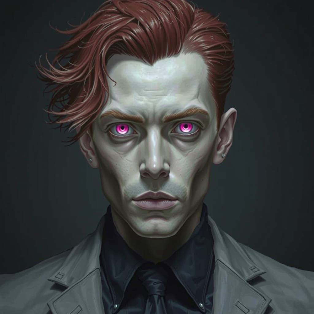 Mysterious Gentleman with Pink Eyes in Gothic Industrial Sty...