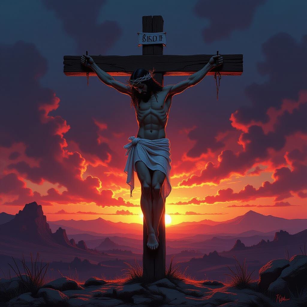 Jesus Christ on Cross in Apocalyptic Sunset