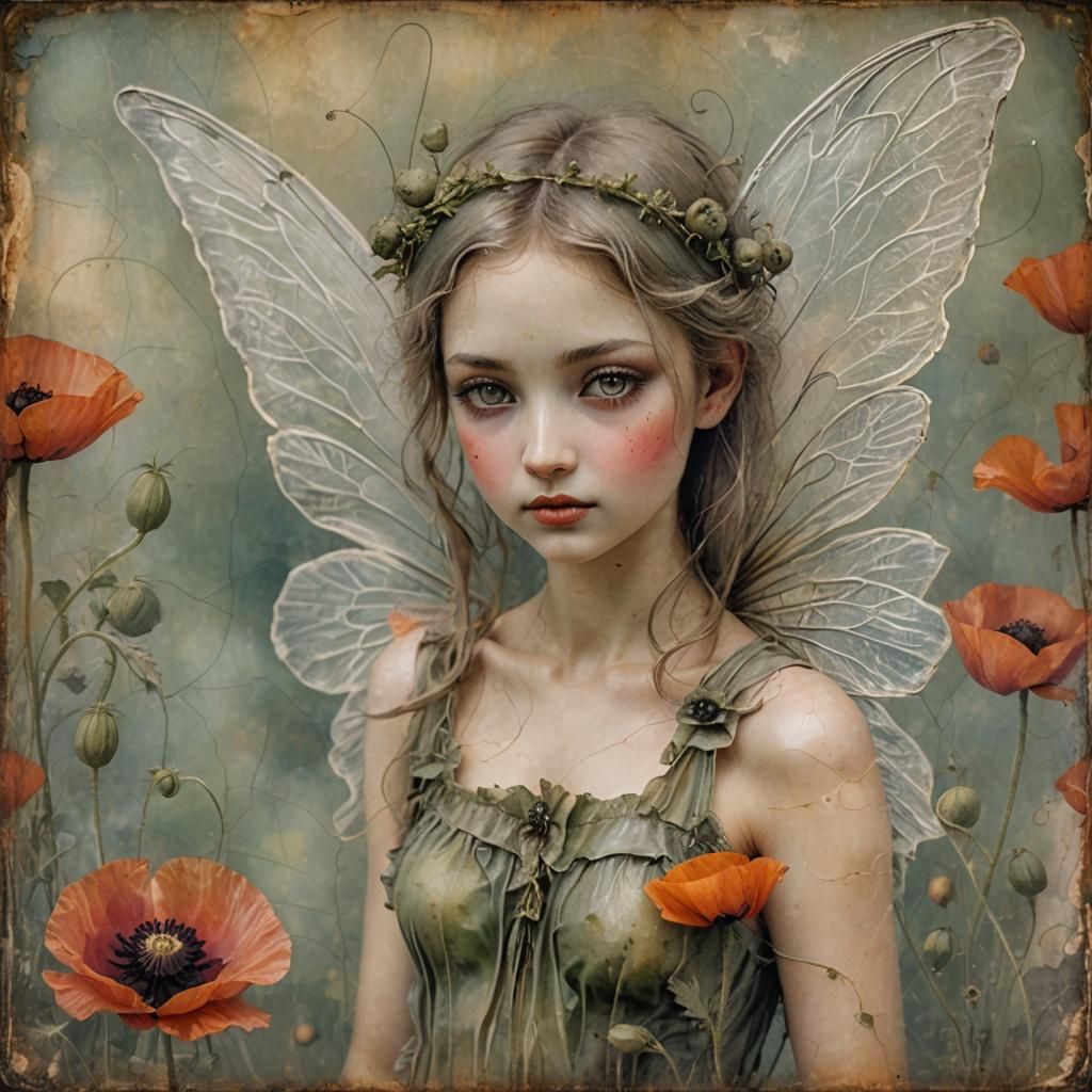 Whimsical Fairy in Grunge Poppy Landscape