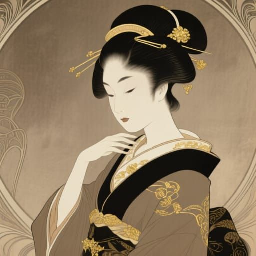 Vintage Sepia Geisha Portrait with Gold Accents