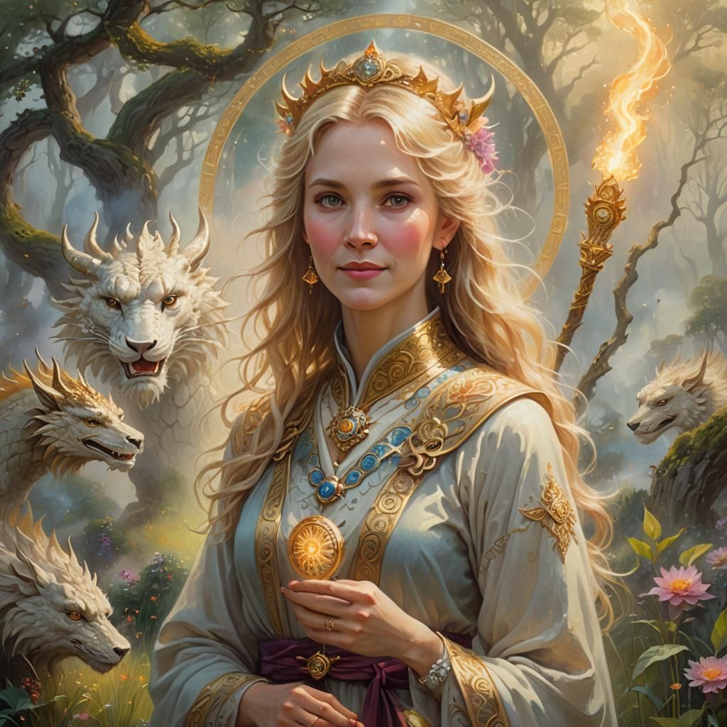 Ethereal Blond Woman with Dragon in Oil Painting