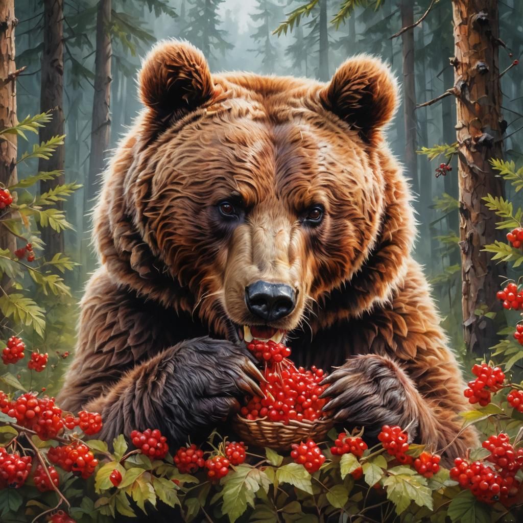 Furry Brown Bear Feast: Hyperrealistic Airbrush Painting
