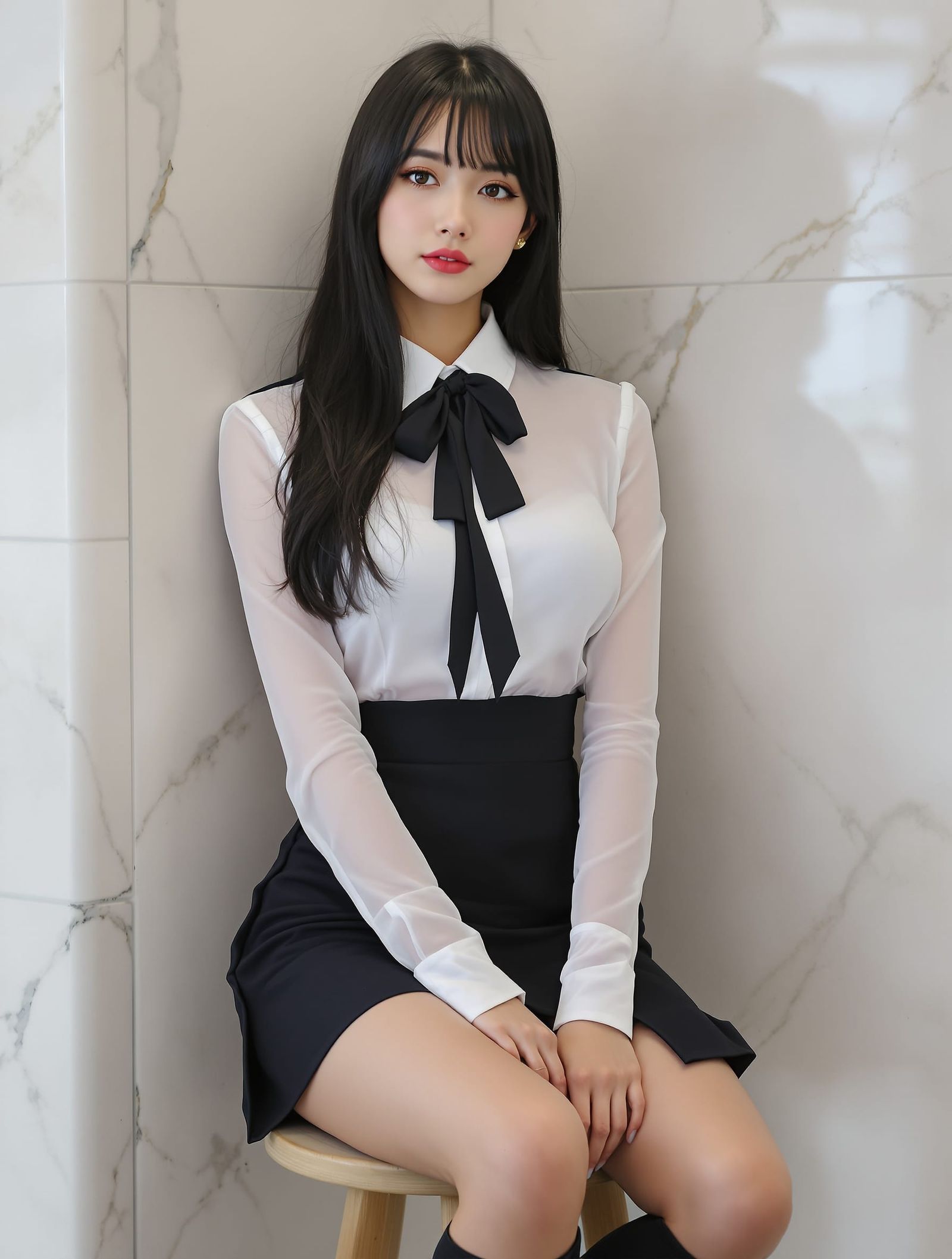 High School Girl in Tight Uniform Poses in Hotel Lobby