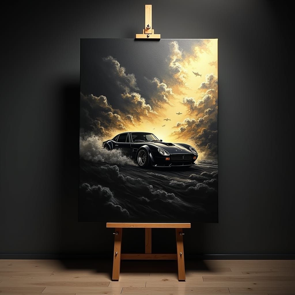 Black Car Racing on Clouds: Grunge Style Painting