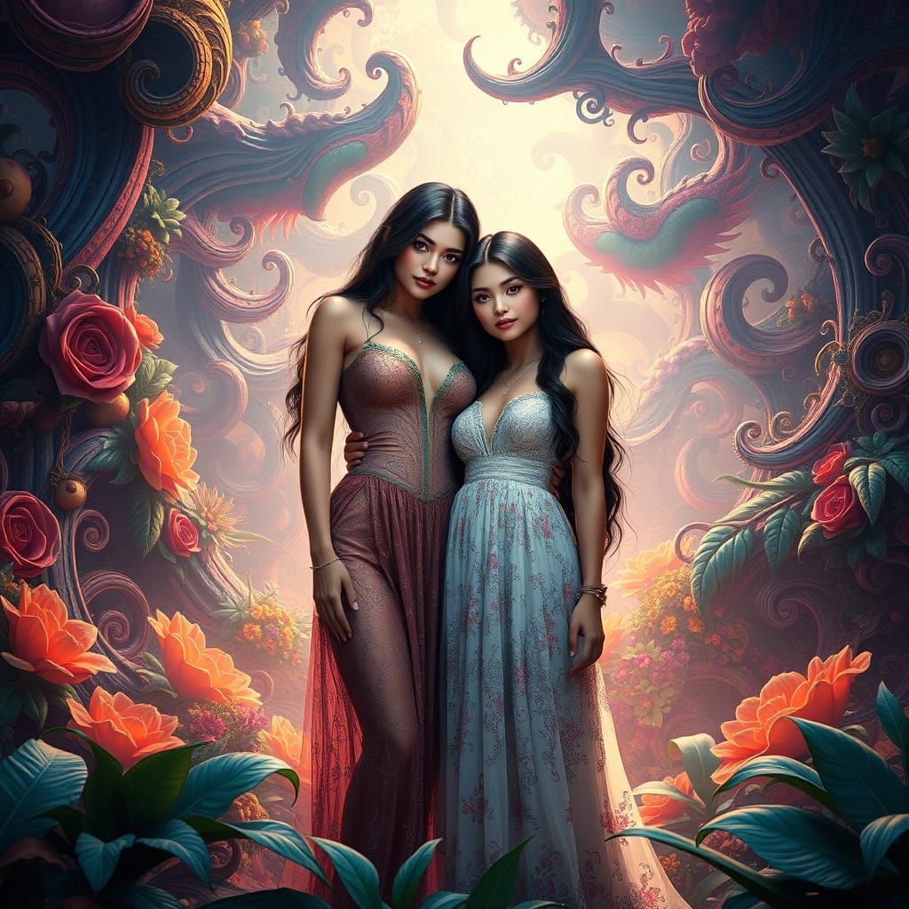 Mother and Daughter in Vibrant Fantasy Realm