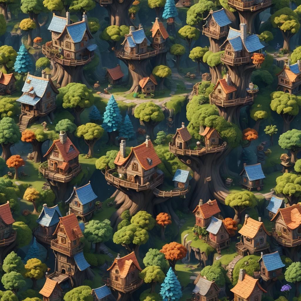 Squirrel Tree Village: Detailed Fantasy Concept Art