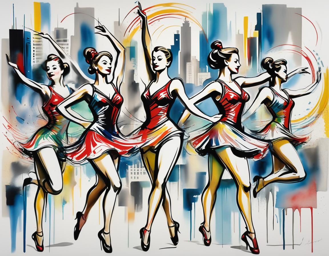 Rockettes as Expressionist Jazz Dancers in Gouache Style