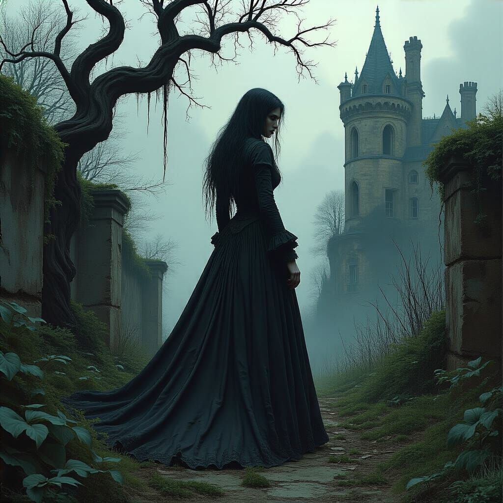 Mystical Woman in Overgrown Castle Garden