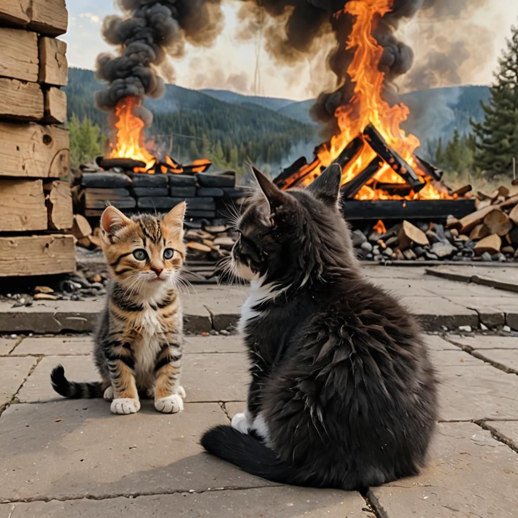 Kitten and Giant Cat by Firelight