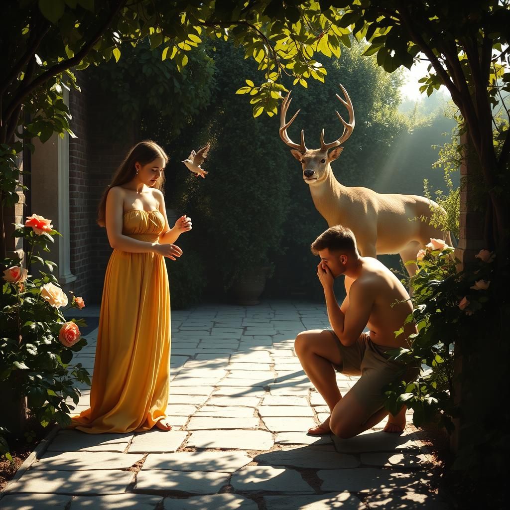 Italian Garden: Woman, Lion, and Rose Arbor