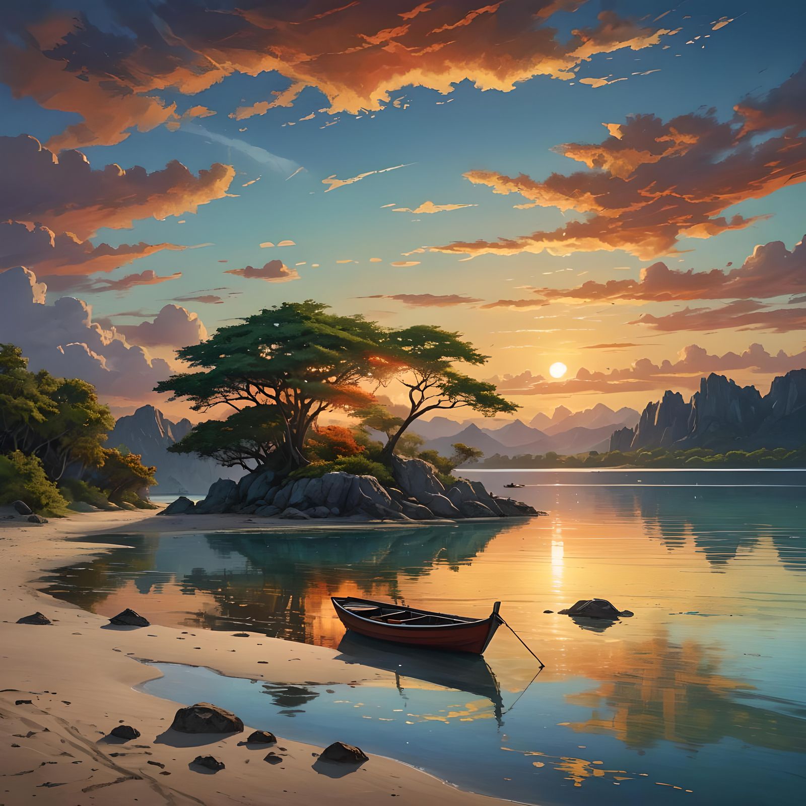 Fishing Boat on Lagoon at Sunset: Fantasy Concept Art