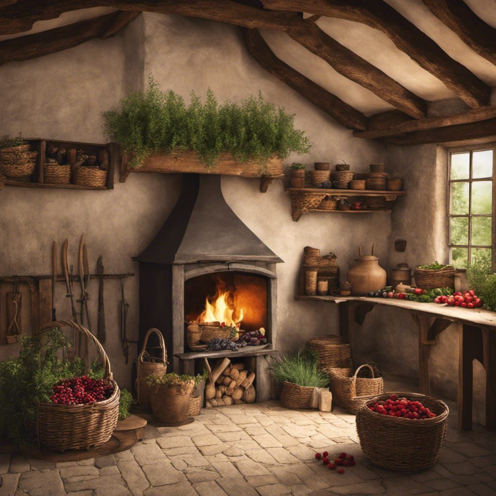 Medieval Cottage Kitchen with Fireplace and Herbs