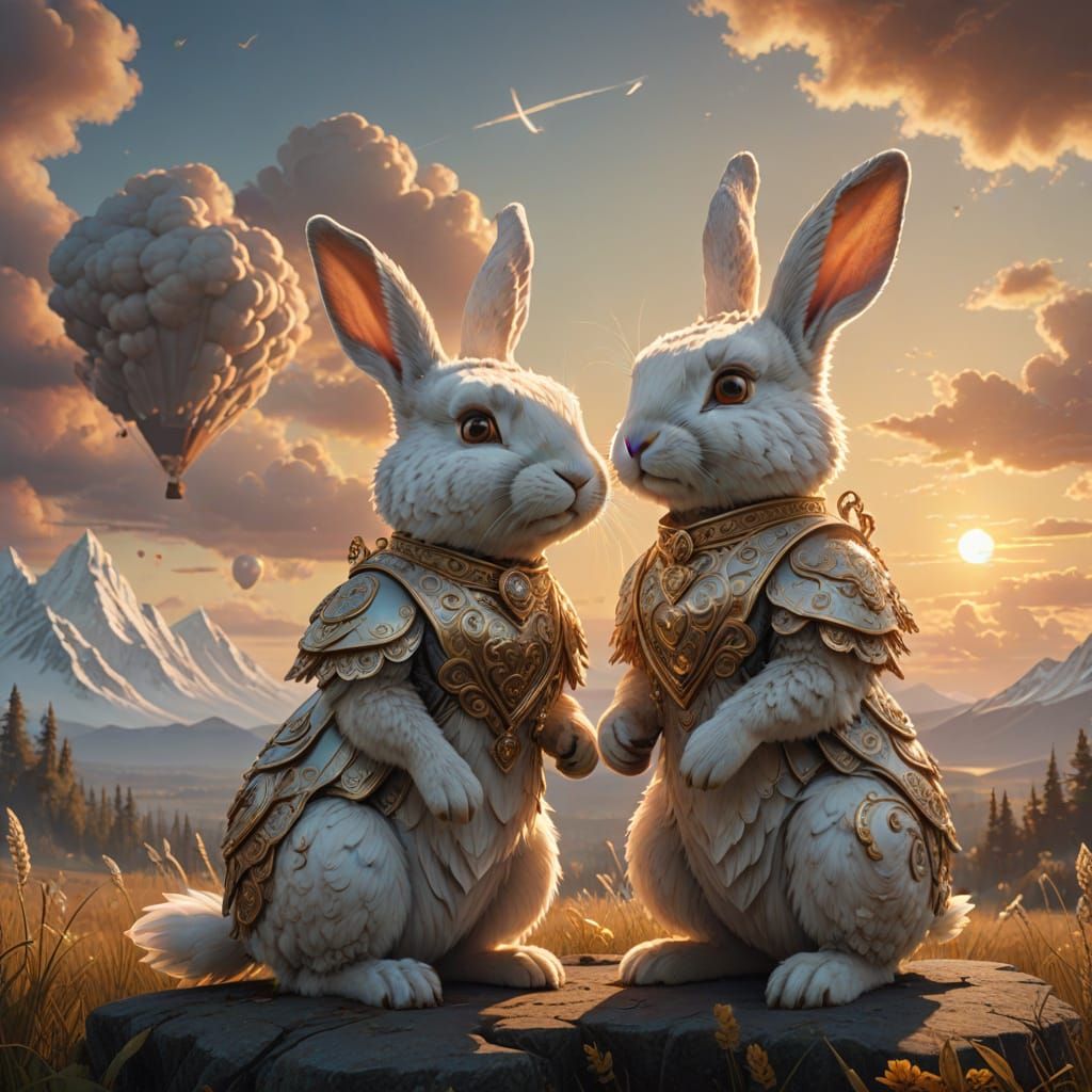 Rabbits in Heavenly Wedding Attire Propose Amidst Dreamy Clo...
