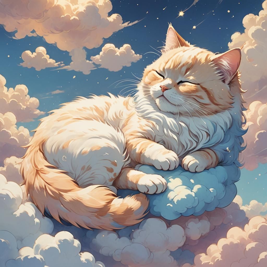 Cute Cat Napping on a Cloud, Whimsical Illustration