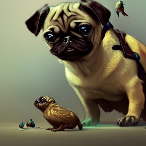Pug Puppy and Bird: Hyperdetailed Splash Art