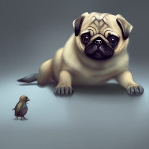Baby Pug and Bird: Hyperdetailed Concept Art