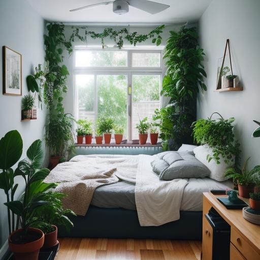 Plant-Decorated Tiny Bedroom in Natural Lighting