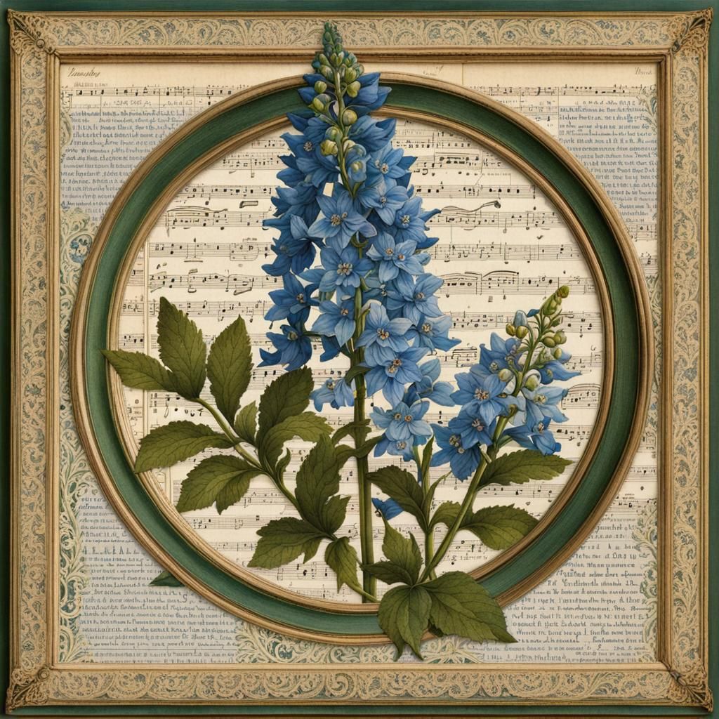 Delphinium Botanical Chart in Mixed Media Collage Style