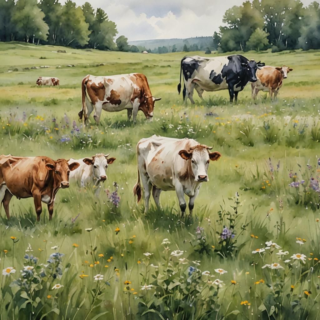 Cows Grazing in Meadow: Watercolor Rural Landscape