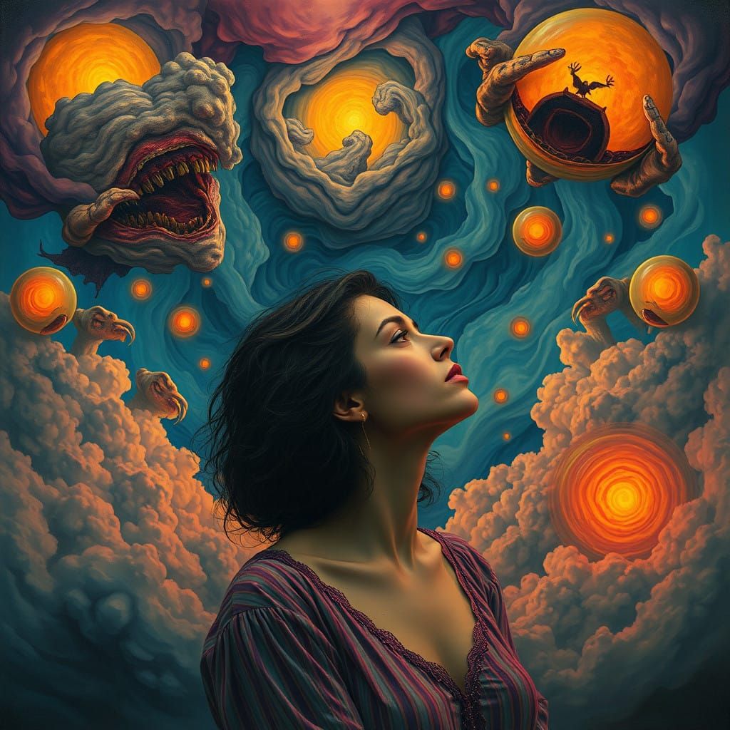 Surreal Dreamscape with Lost Woman in Vibrant, Distorted For...