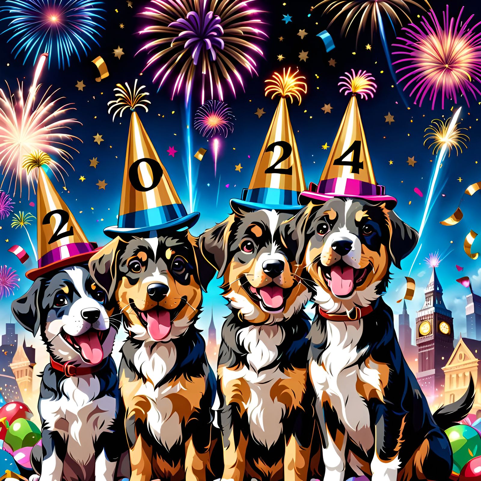 Puppies Celebrate New Year's 2024 with Fireworks