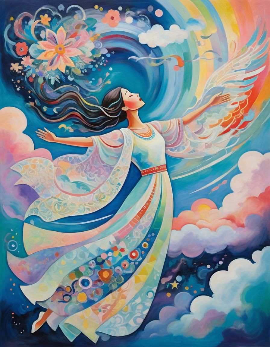 Woman Soaring Towards Aurora in Abstract Pastel Art