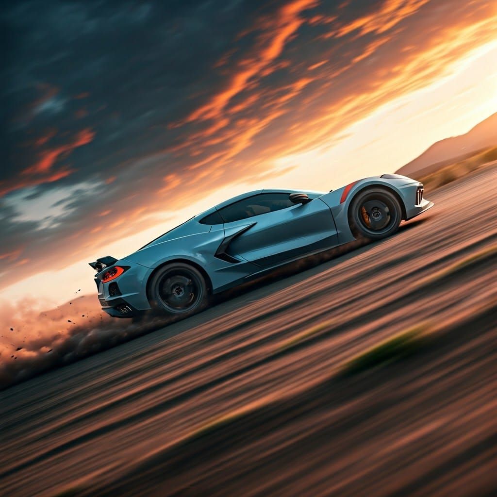High-Octane Corvette C8 Racing Uphill in a Dusty, Cloud-Swep...