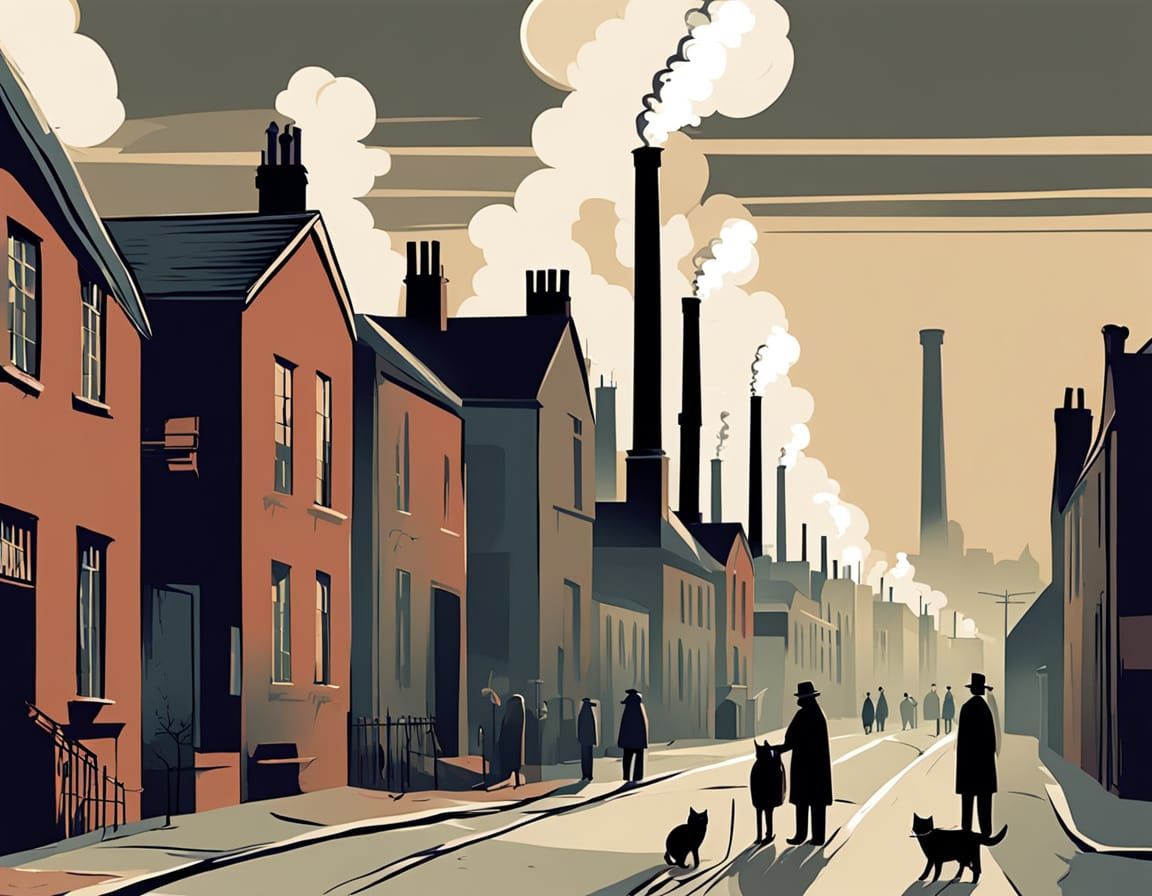 Lowry-esque Matchstick Figures in Industrial Landscape